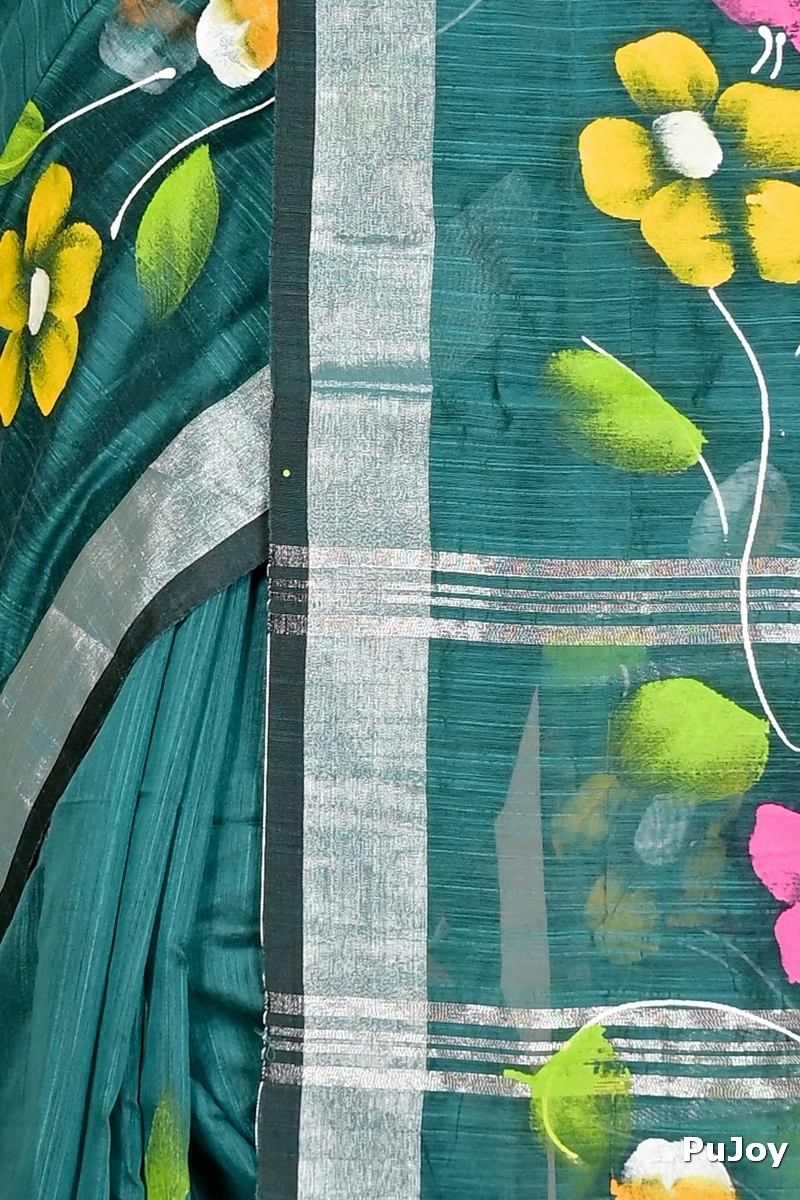 Dark Green Blended Cotton Slabaka Ful Hand Painted Saree (1672)
