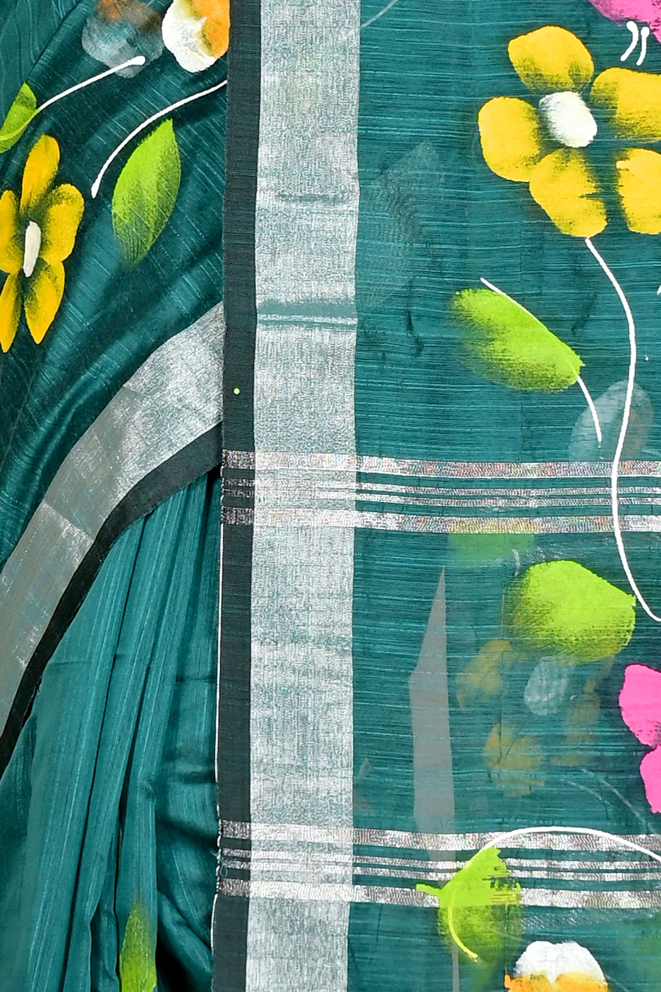 Dark Green Blended Cotton Slabaka Ful Hand Painted Saree (1672)