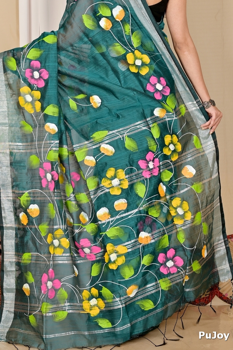 Dark Green Blended Cotton Slabaka Ful Hand Painted Saree (1672)