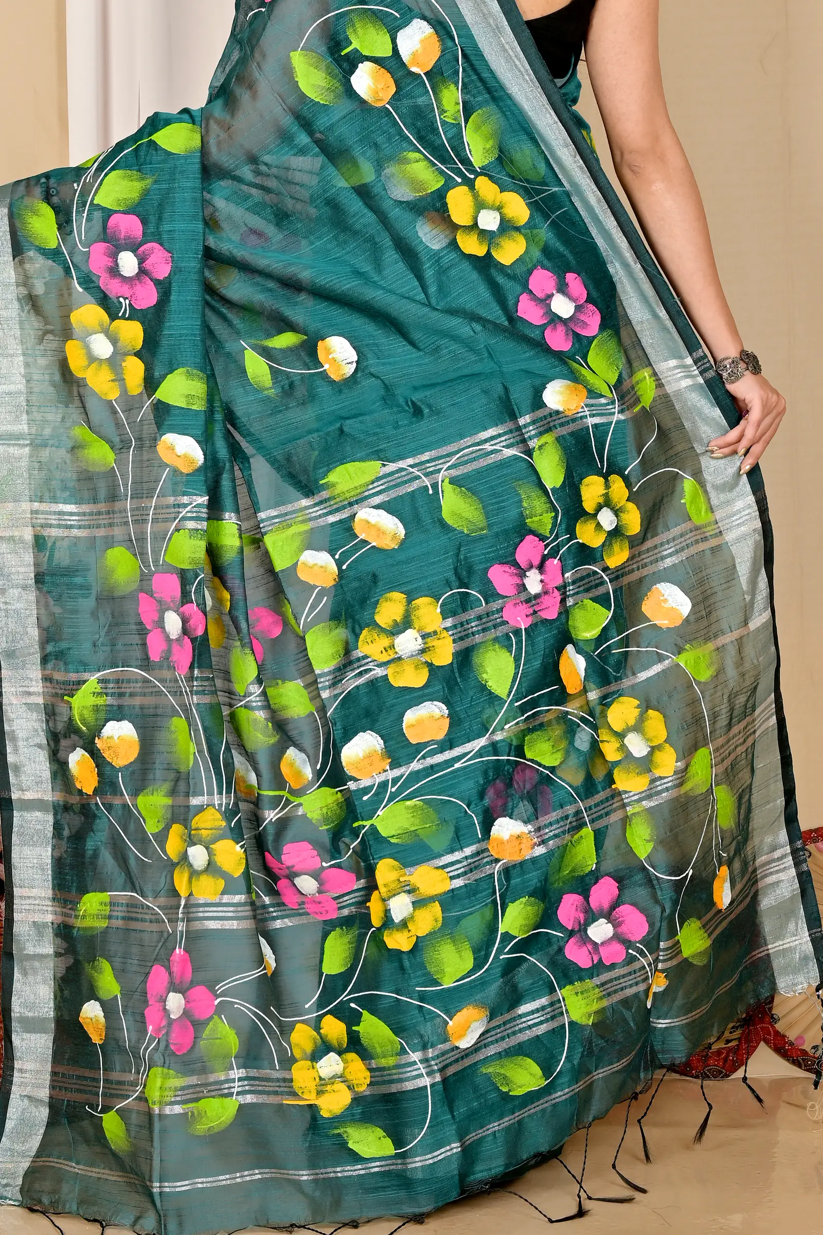 Dark Green Blended Cotton Slabaka Ful Hand Painted Saree (1672)