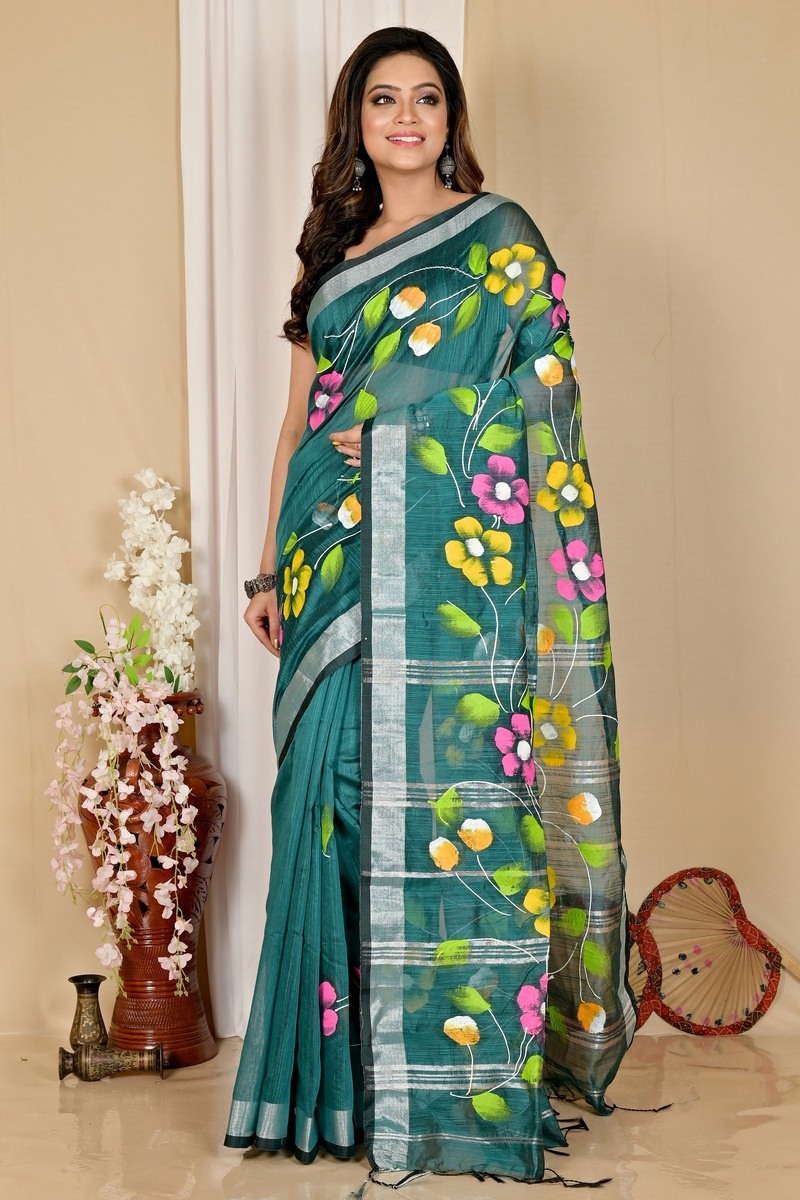 Dark Green Blended Cotton Slabaka Ful Hand Painted Saree (1672)