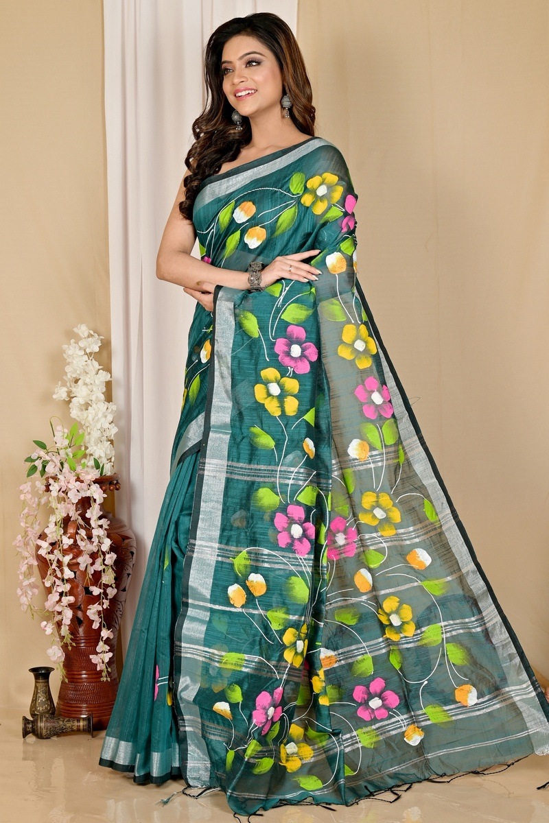 Dark Green Blended Cotton Slabaka Ful Hand Painted Saree (1672)