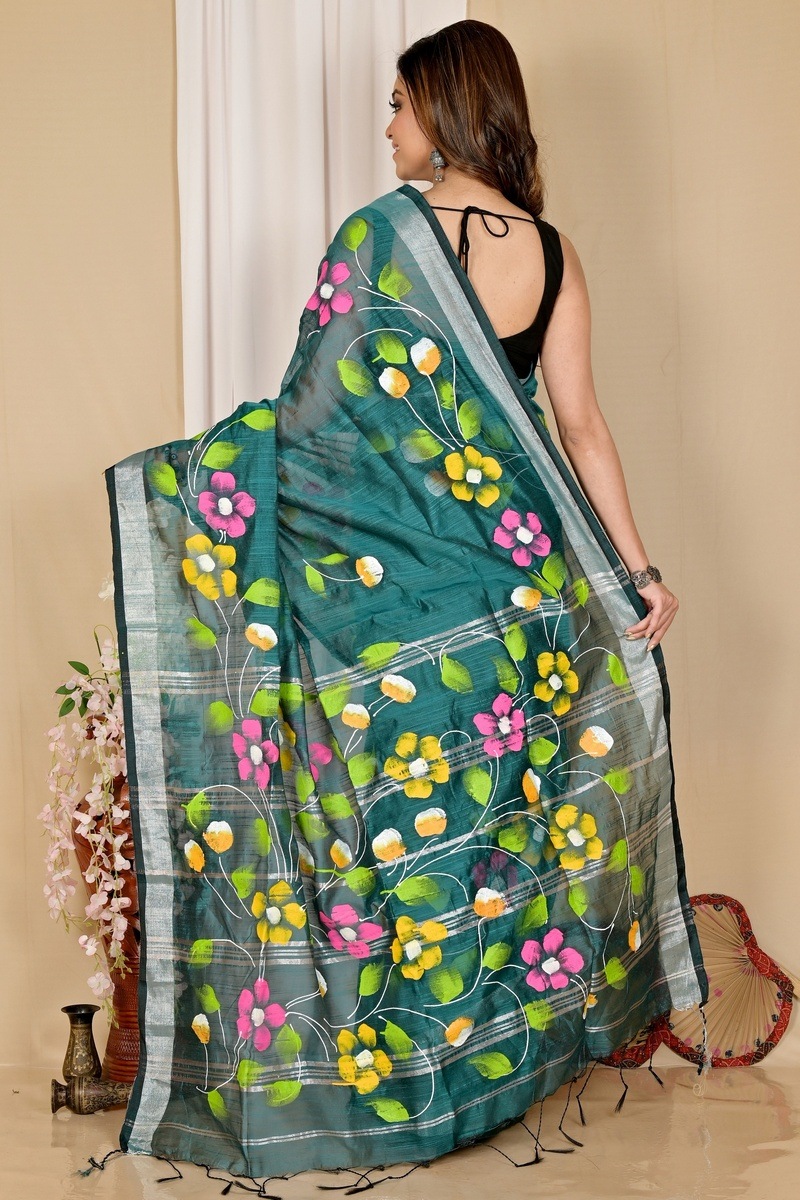 Dark Green Blended Cotton Slabaka Ful Hand Painted Saree (1672)