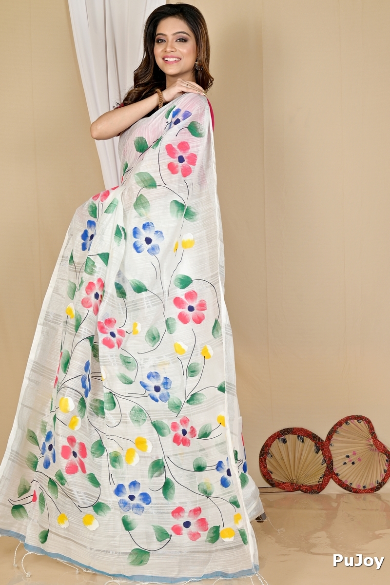 White Blended Cotton Slabaka Ful Hand Painted Saree (1673)