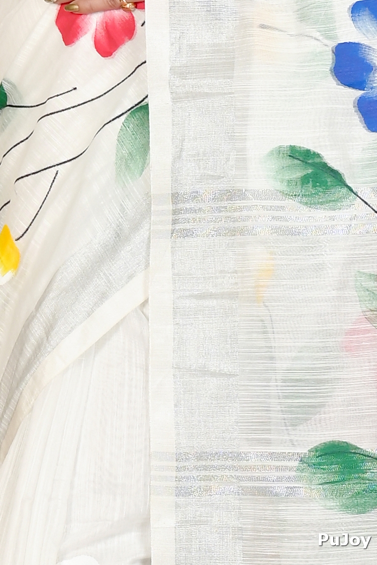 White Blended Cotton Slabaka Ful Hand Painted Saree (1673)