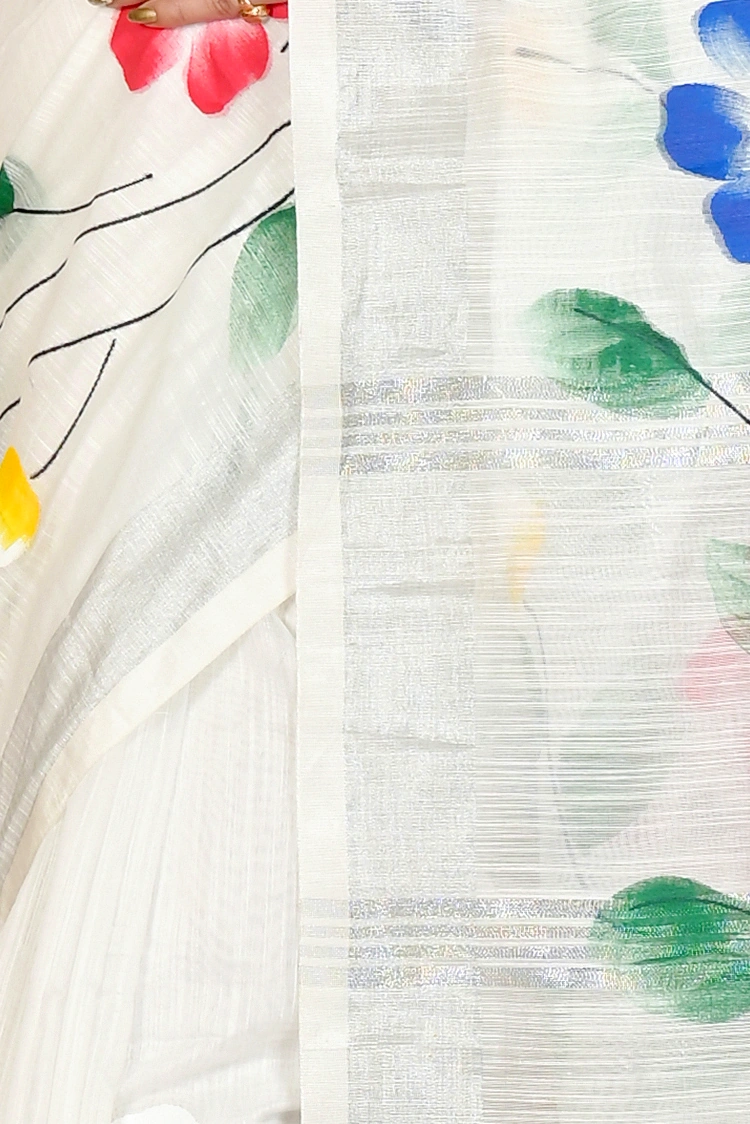 White Blended Cotton Slabaka Ful Hand Painted Saree (1673)