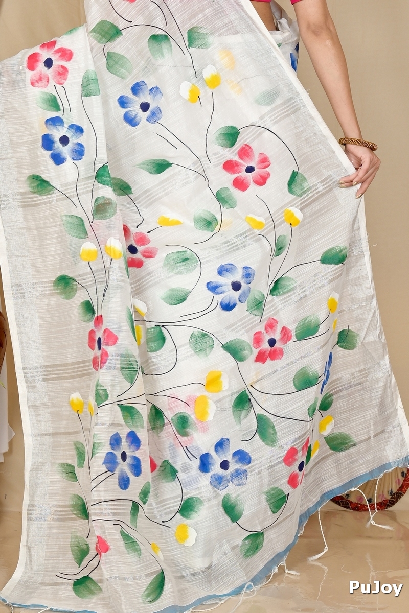 White Blended Cotton Slabaka Ful Hand Painted Saree (1673)