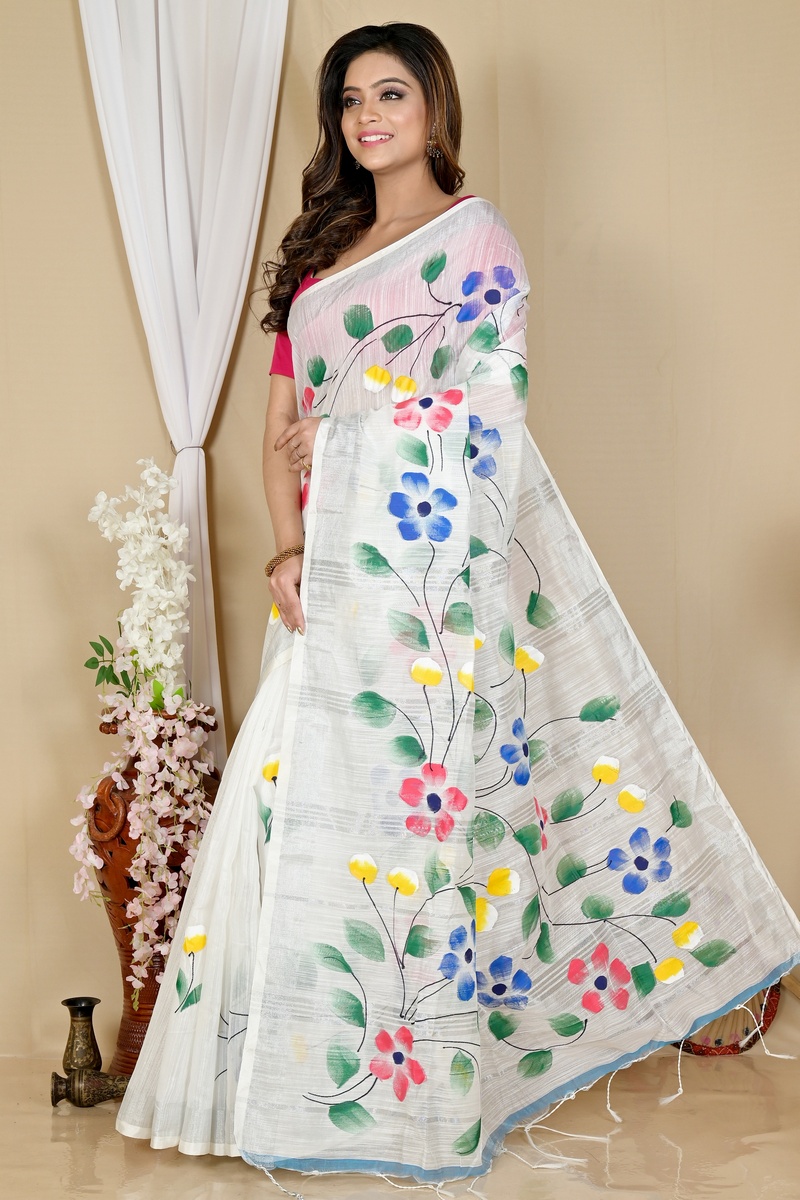 White Blended Cotton Slabaka Ful Hand Painted Saree (1673)