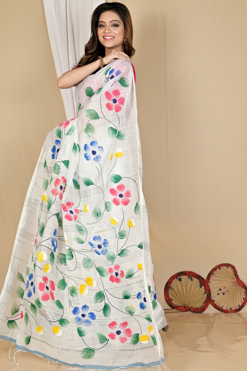 White Blended Cotton Slabaka Ful Hand Painted Saree (1673)