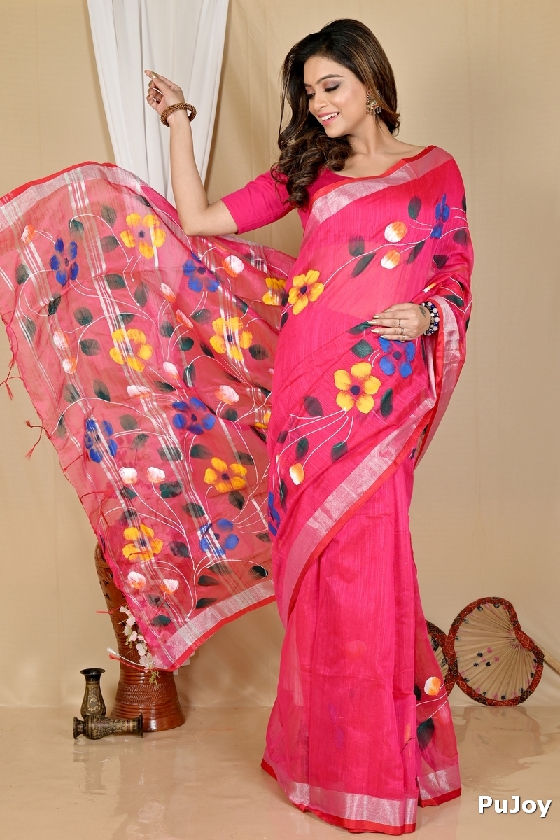 Pink Blended Cotton Slabaka Ful Hand Painted Saree (1674)