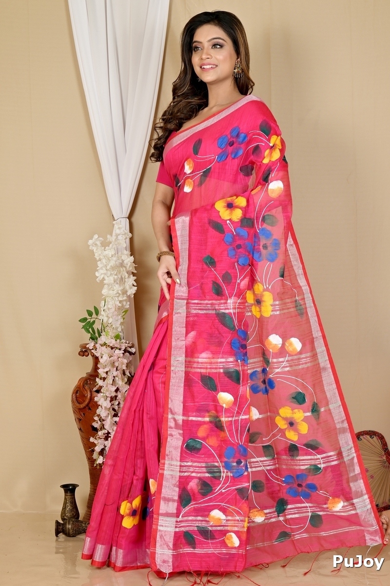 Pink Blended Cotton Slabaka Ful Hand Painted Saree (1674)