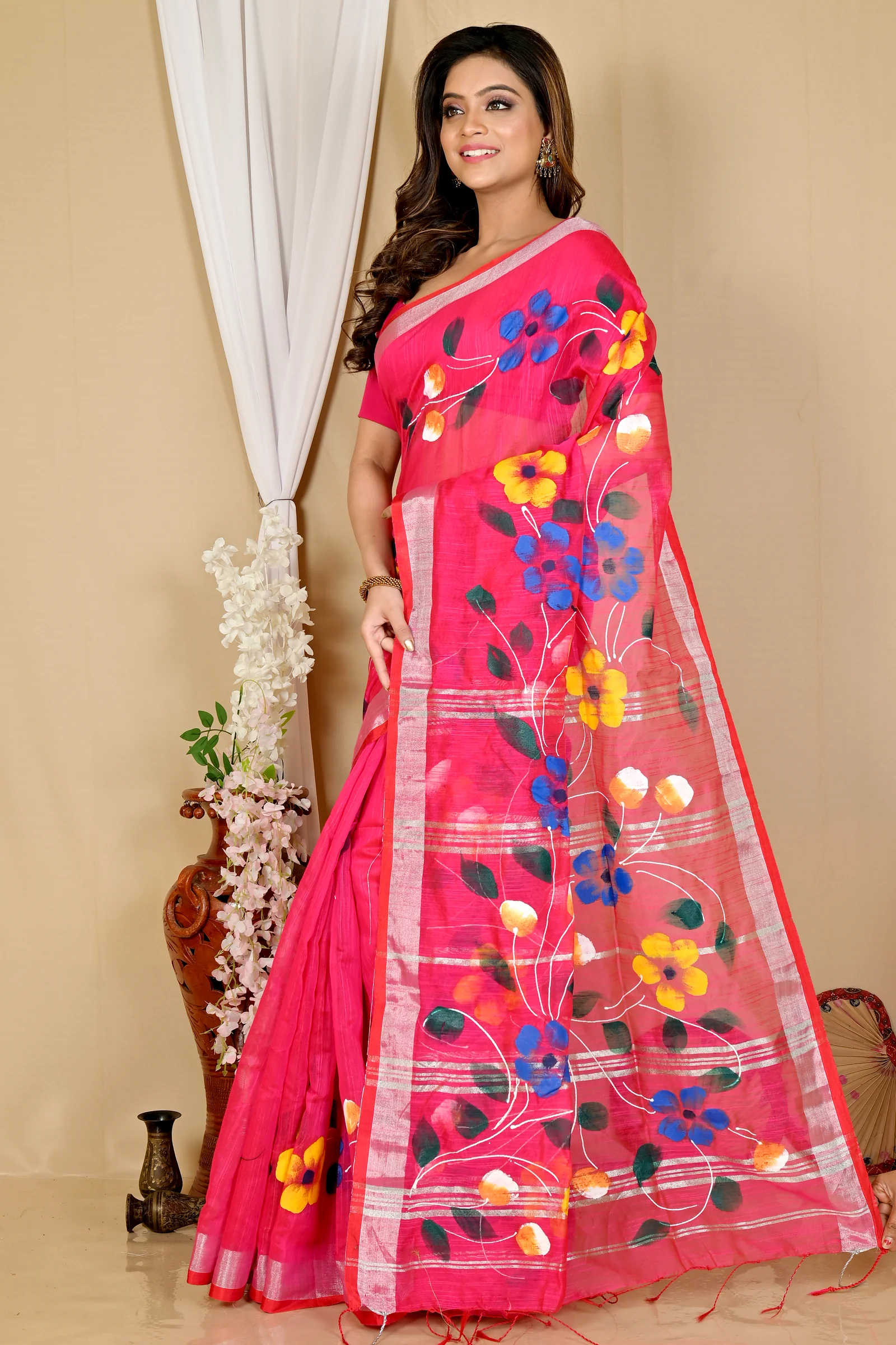 Pink Blended Cotton Slabaka Ful Hand Painted Saree (1674)