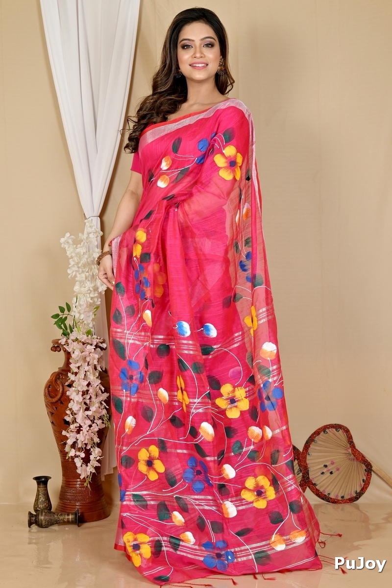 Pink Blended Cotton Slabaka Ful Hand Painted Saree (1674)