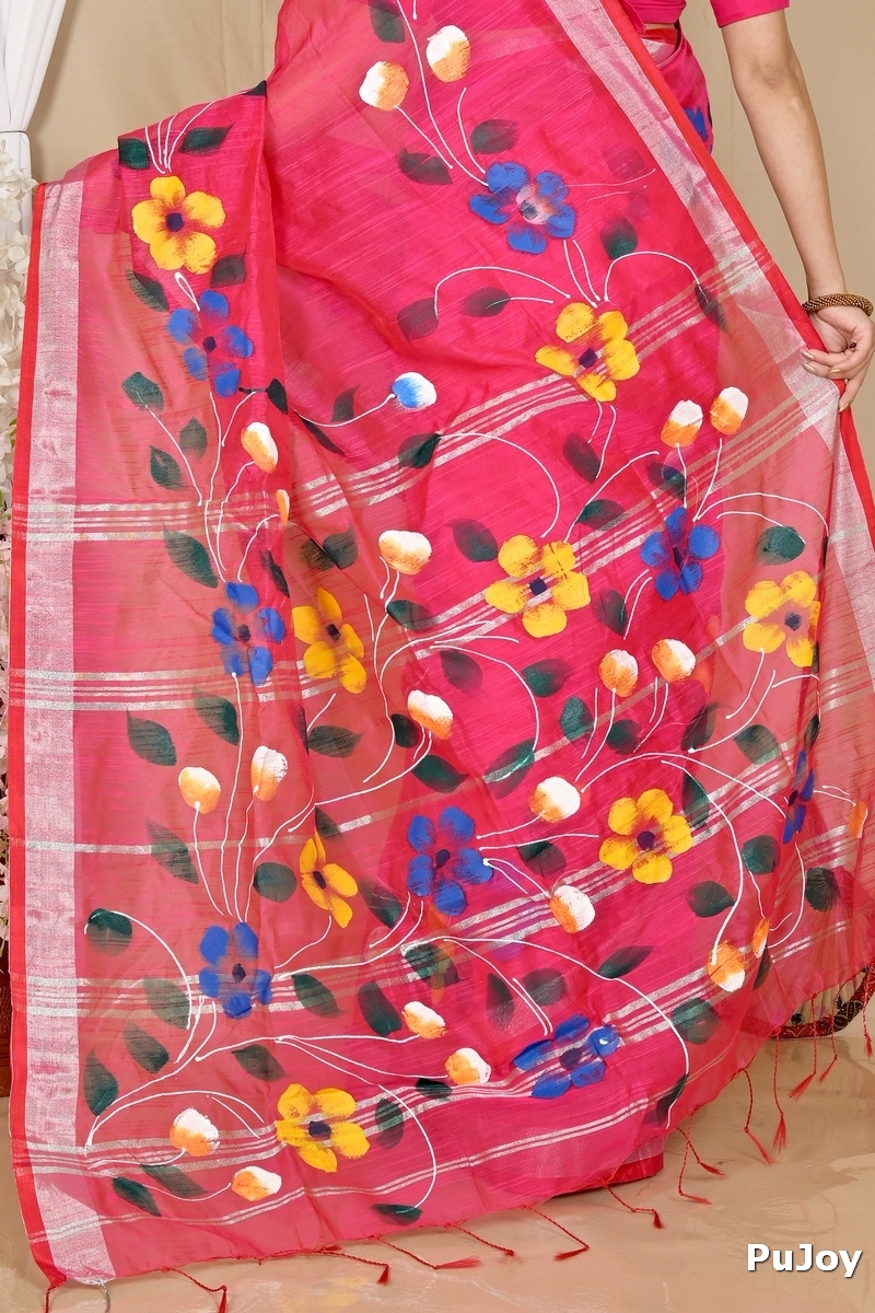 Pink Blended Cotton Slabaka Ful Hand Painted Saree (1674)