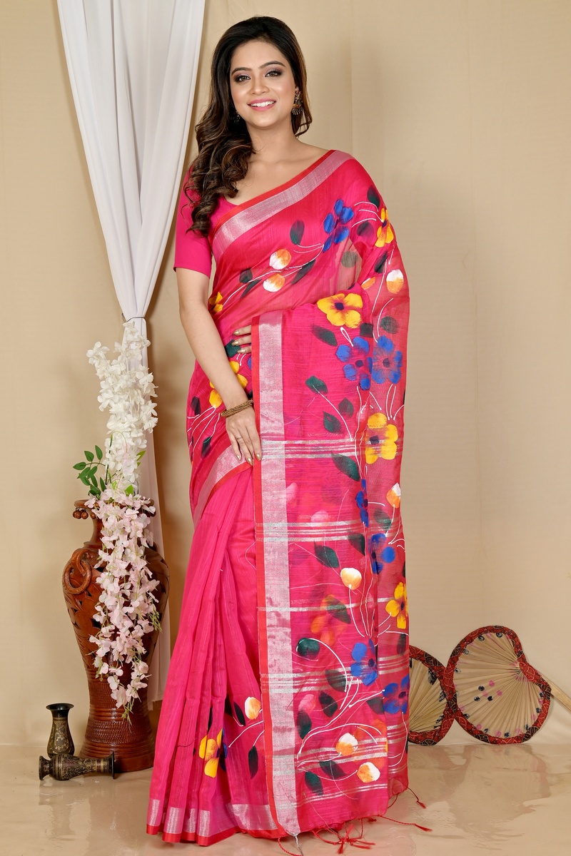 Pink Blended Cotton Slabaka Ful Hand Painted Saree (1674)