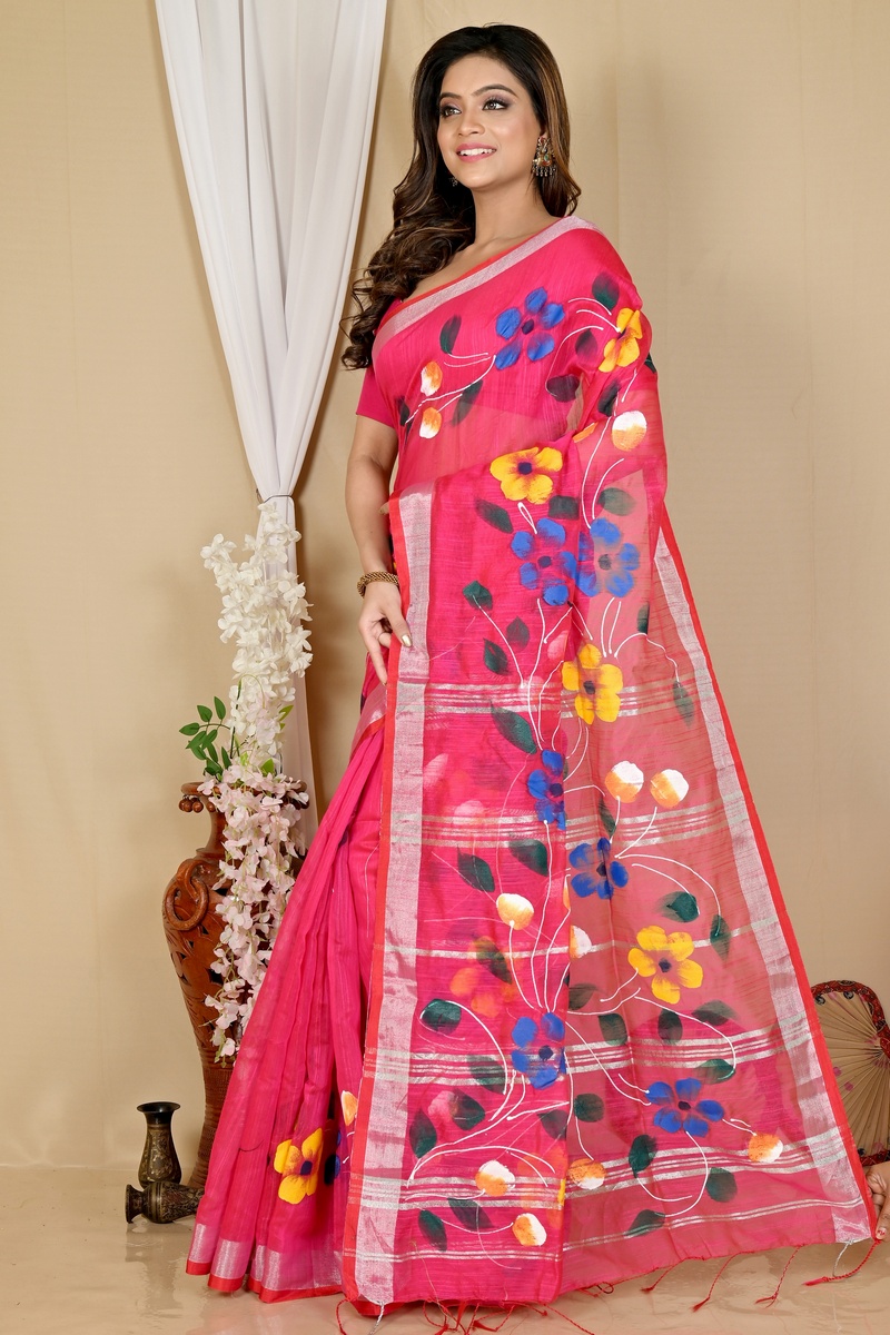 Pink Blended Cotton Slabaka Ful Hand Painted Saree (1674)