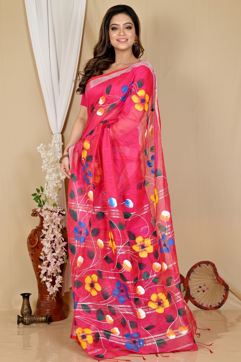 Pink Blended Cotton Slabaka Ful Hand Painted Saree (1674)
