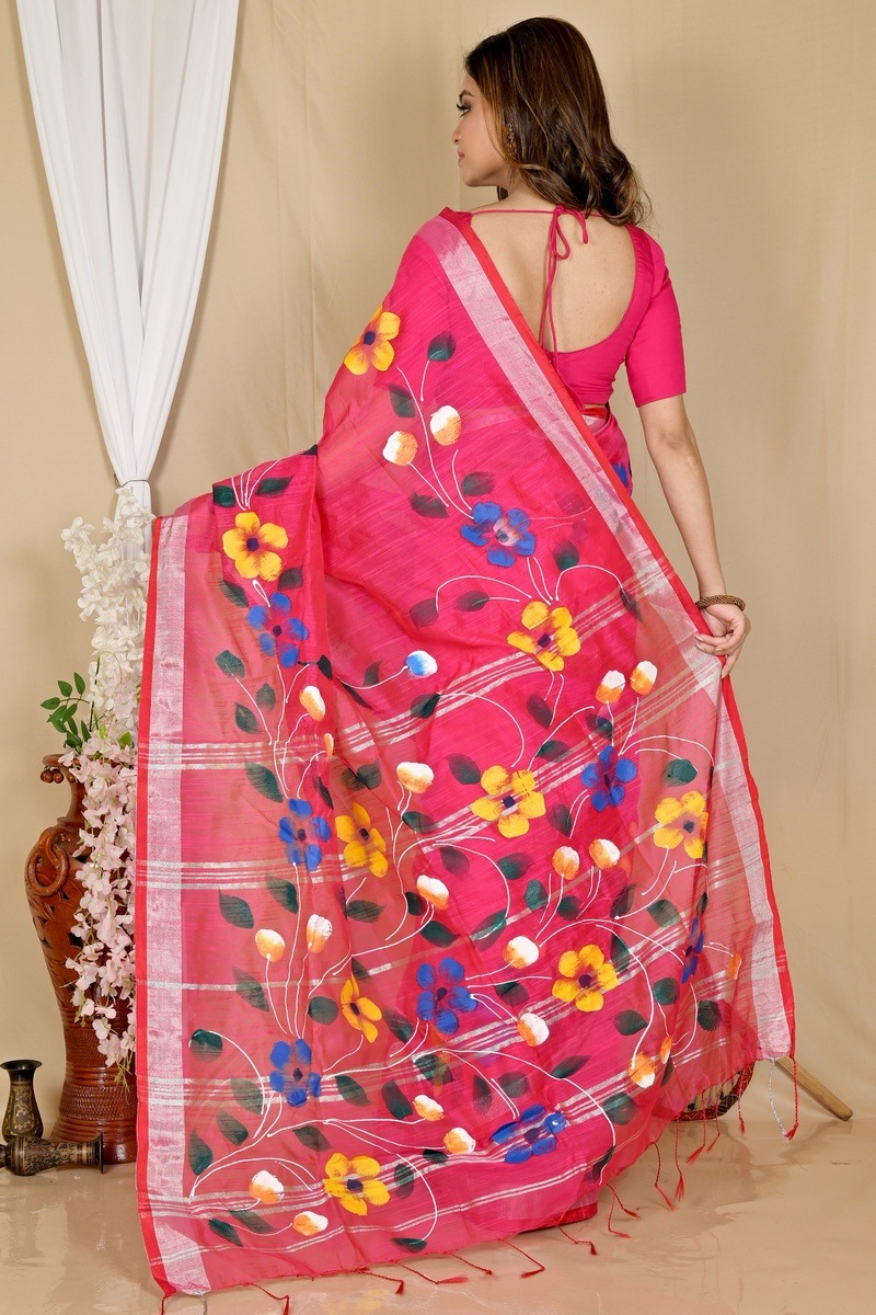 Pink Blended Cotton Slabaka Ful Hand Painted Saree (1674)