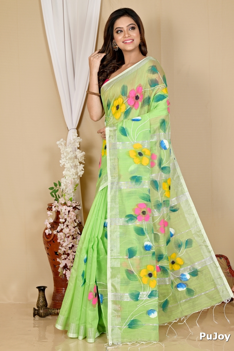 Light Green Blended Cotton Slabaka Ful Hand Painted Saree (1675)