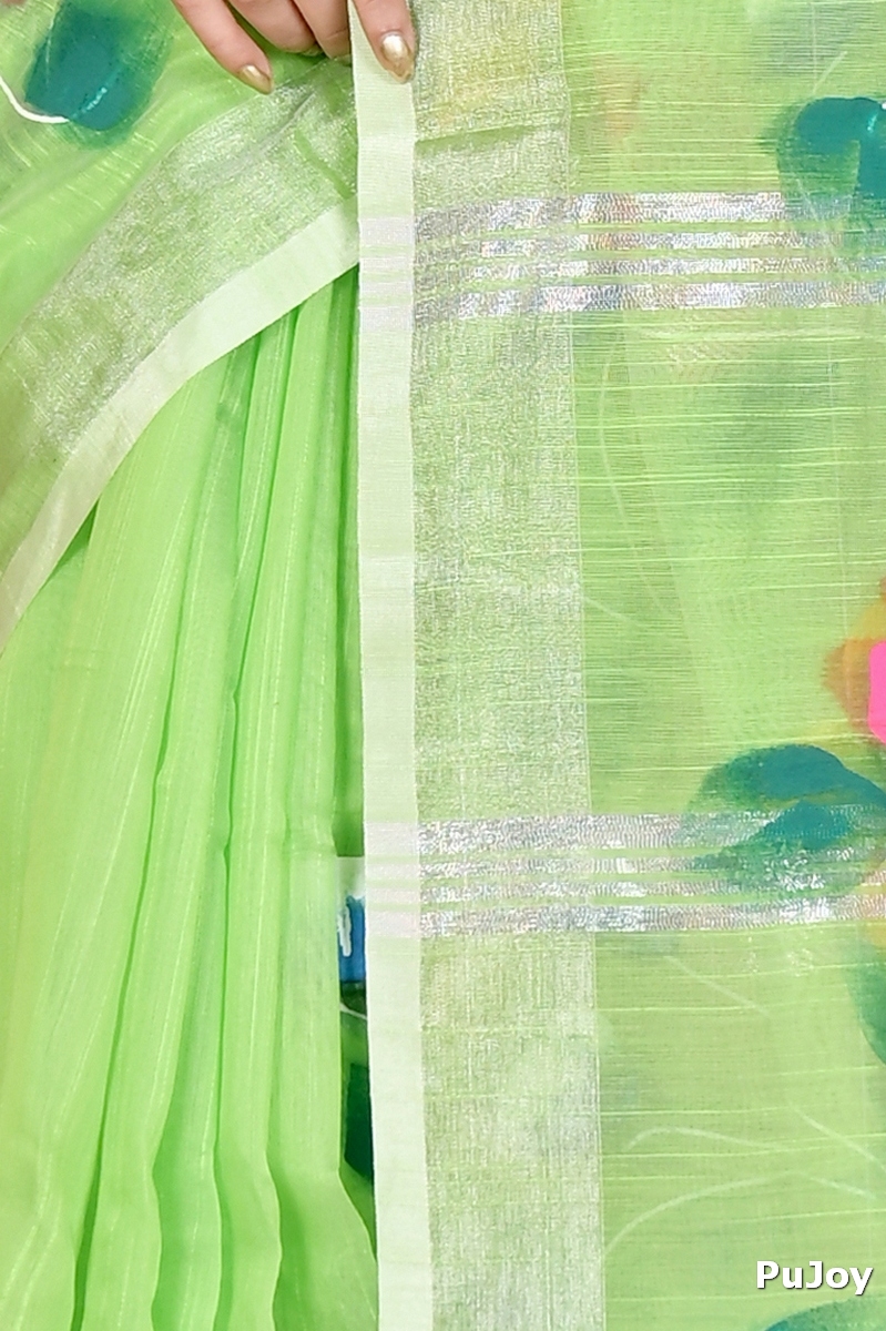Light Green Blended Cotton Slabaka Ful Hand Painted Saree (1675)