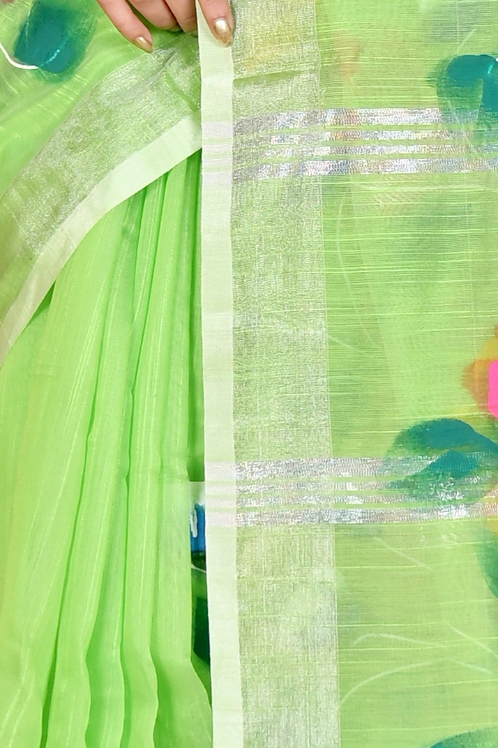 Light Green Blended Cotton Slabaka Ful Hand Painted Saree (1675)