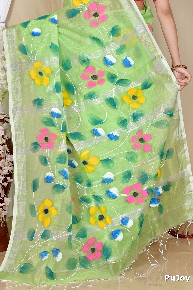 Light Green Blended Cotton Slabaka Ful Hand Painted Saree (1675)