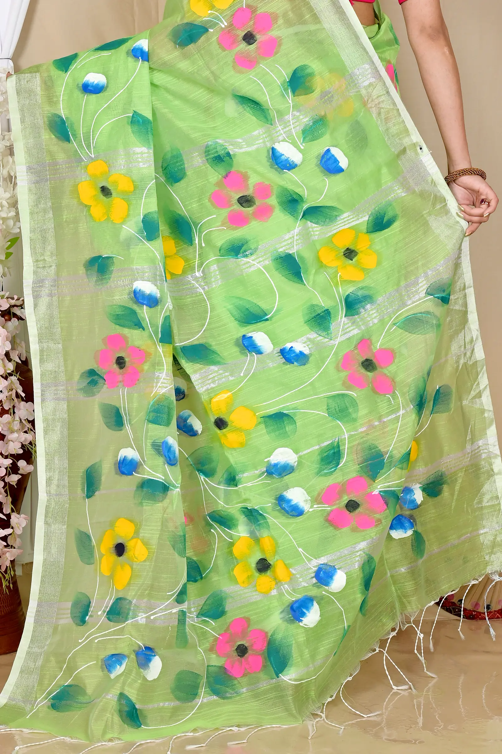 Light Green Blended Cotton Slabaka Ful Hand Painted Saree (1675)