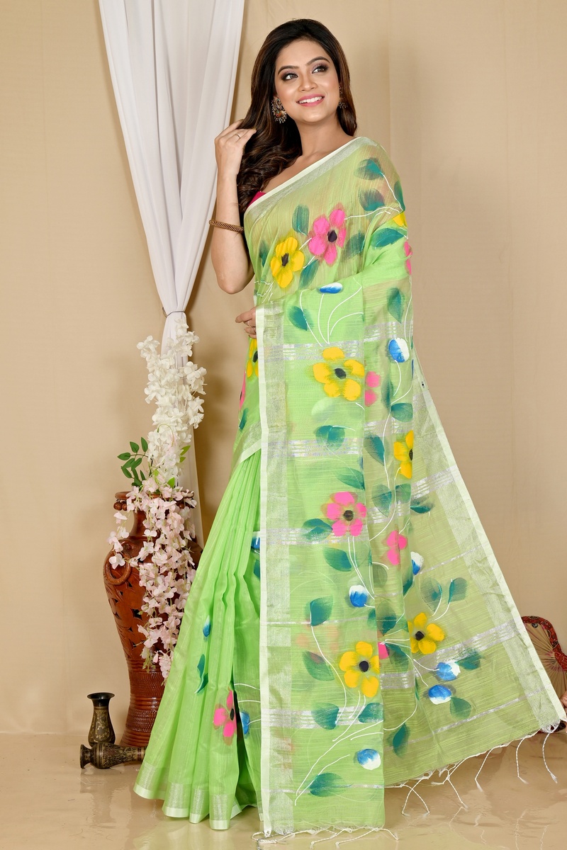 Light Green Blended Cotton Slabaka Ful Hand Painted Saree (1675)