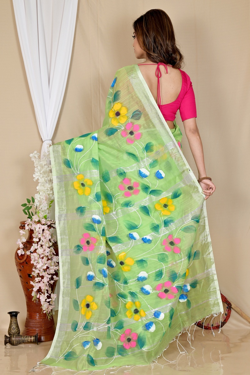 Light Green Blended Cotton Slabaka Ful Hand Painted Saree (1675)