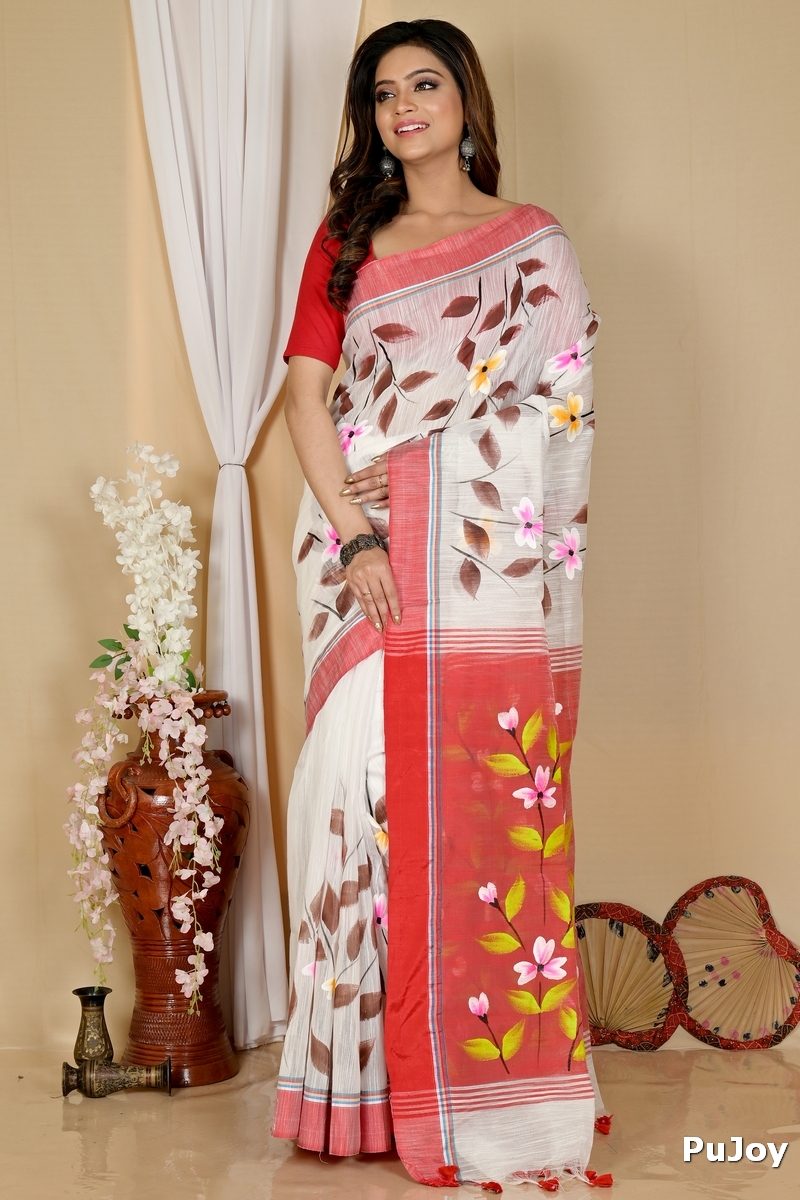 White Red Blended Cotton Slabakato Hand Painted Saree (1676)