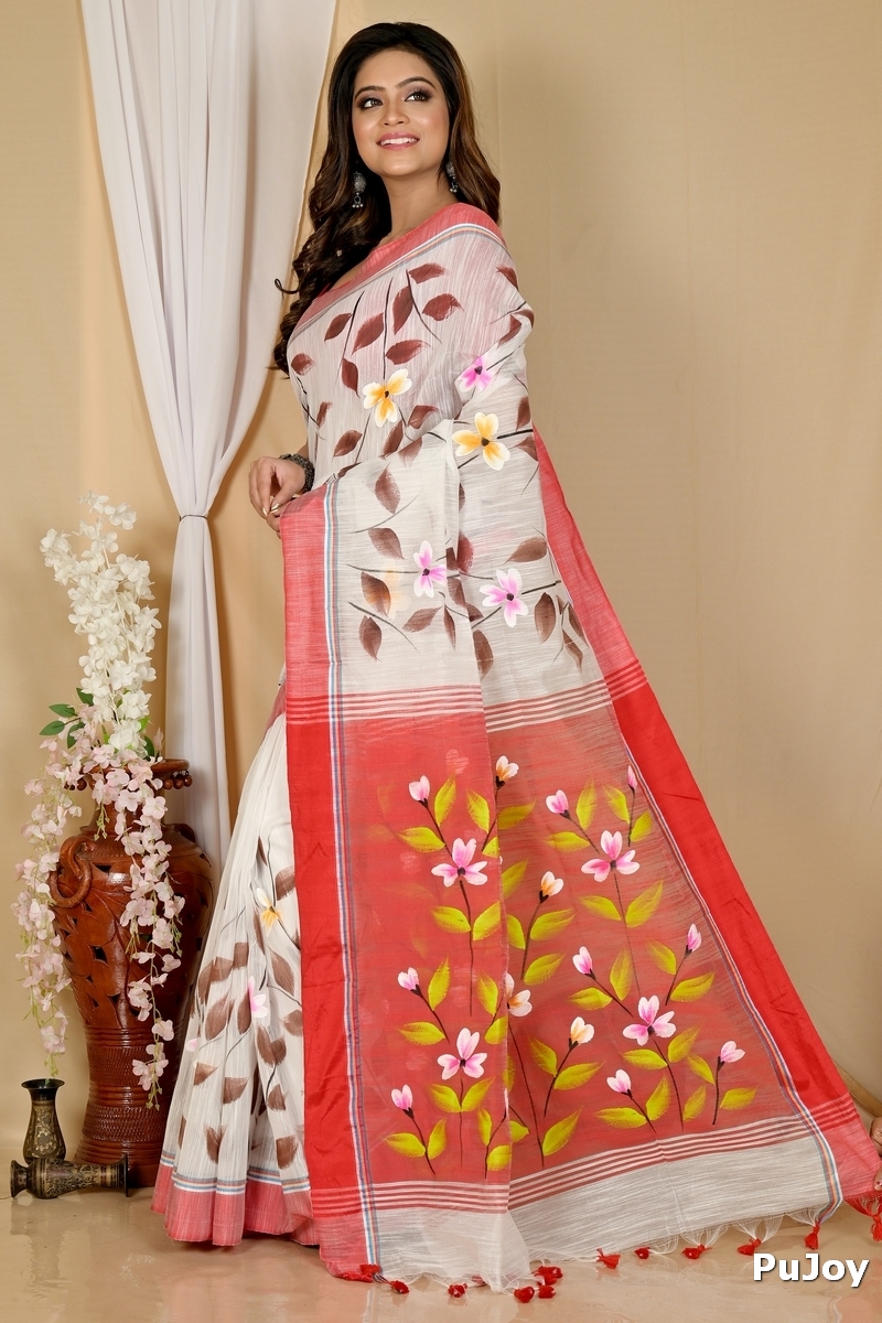 White Red Blended Cotton Slabakato Hand Painted Saree (1676)
