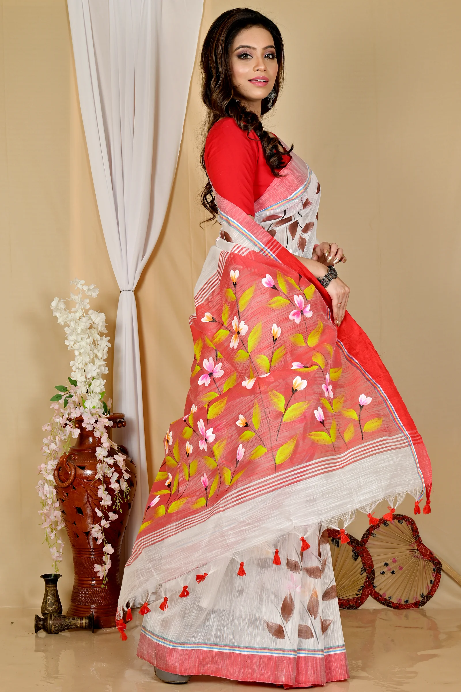 White Red Blended Cotton Slabakato Hand Painted Saree (1676)