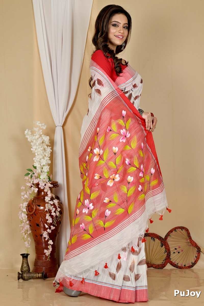 White Red Blended Cotton Slabakato Hand Painted Saree (1676)