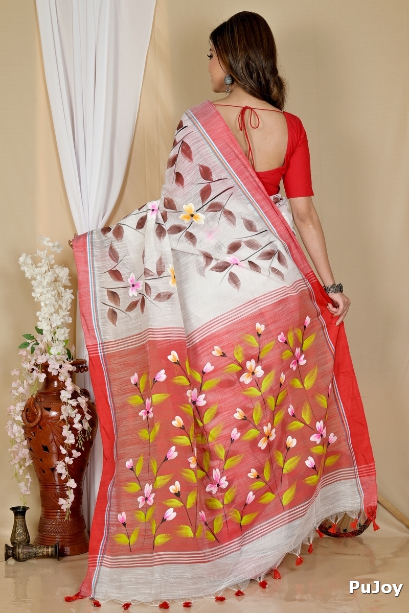 White Red Blended Cotton Slabakato Hand Painted Saree (1676)