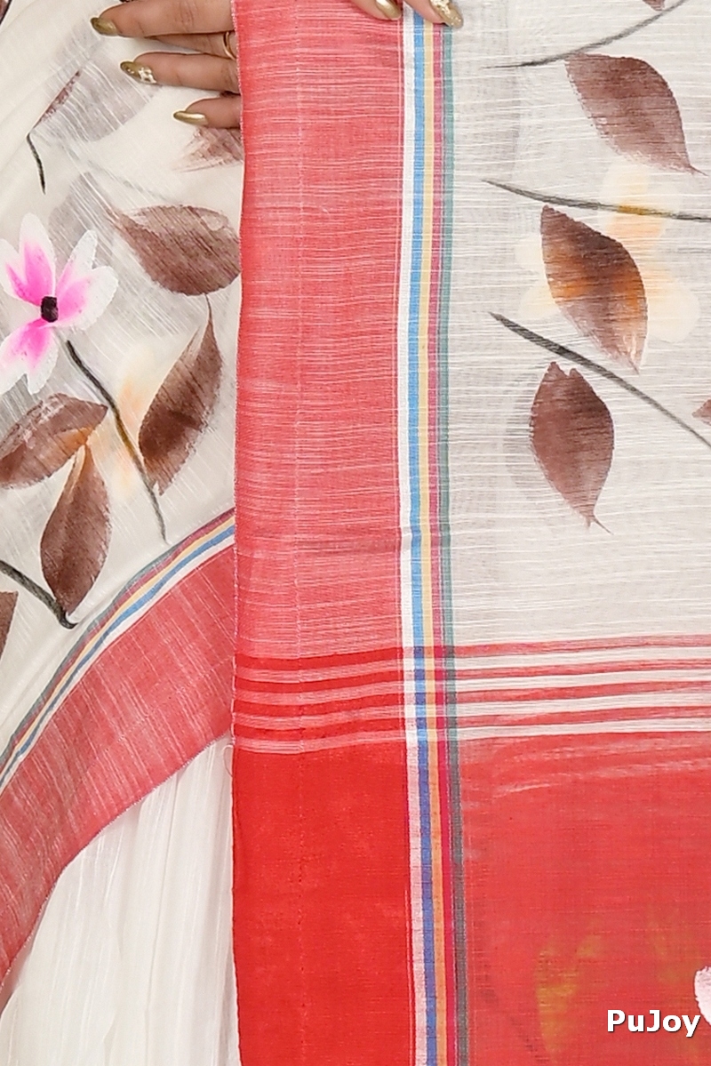White Red Blended Cotton Slabakato Hand Painted Saree (1676)