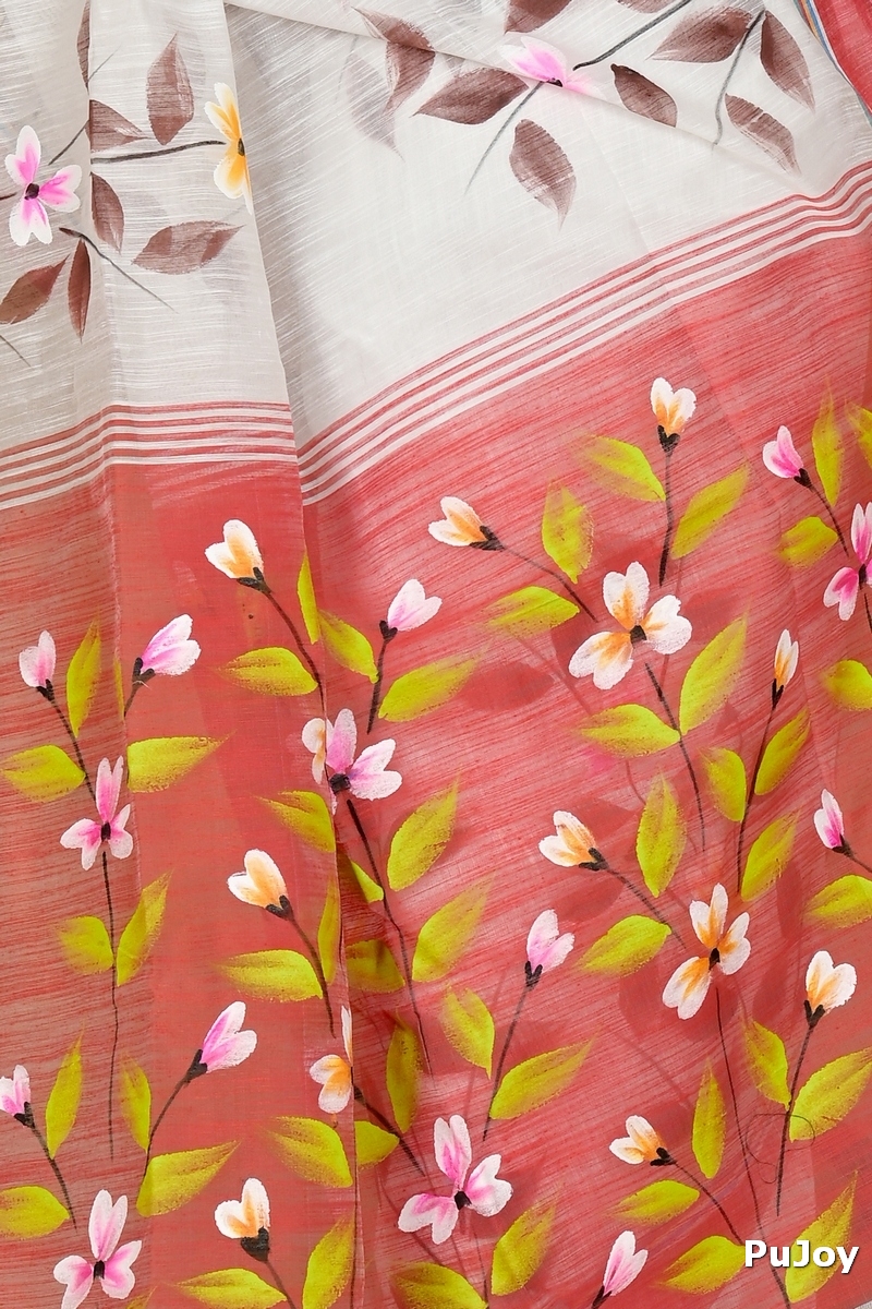 White Red Blended Cotton Slabakato Hand Painted Saree (1676)