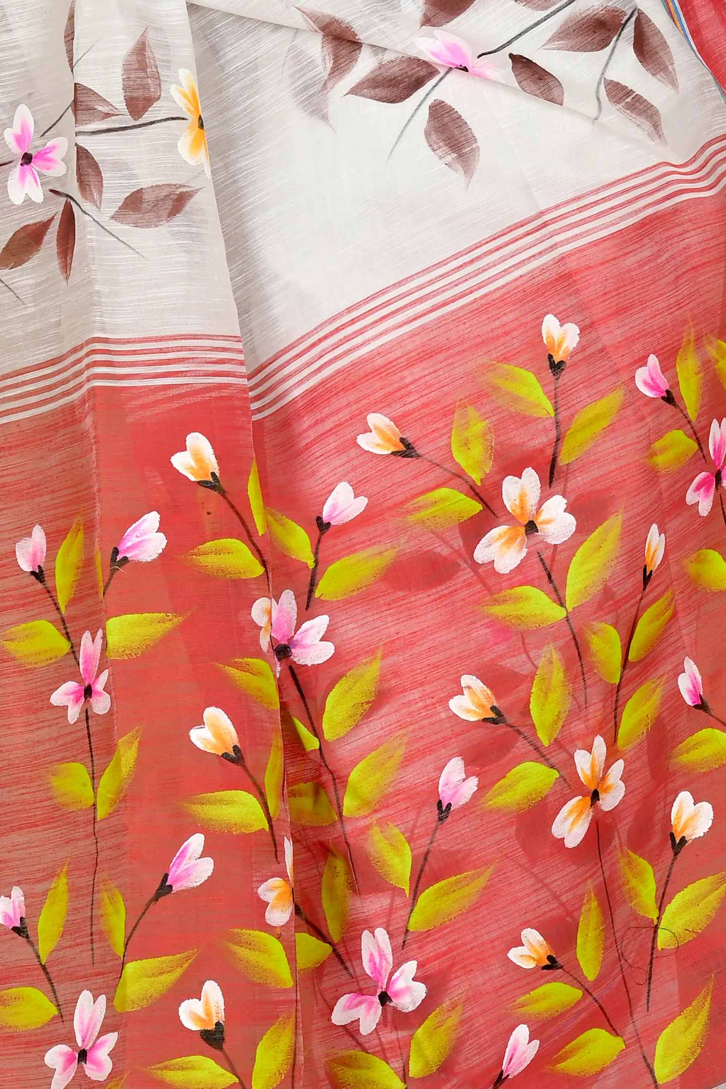 White Red Blended Cotton Slabakato Hand Painted Saree (1676)