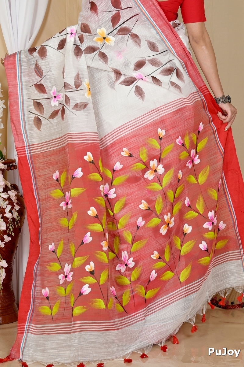 White Red Blended Cotton Slabakato Hand Painted Saree (1676)