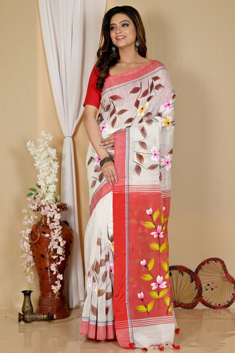 White Red Blended Cotton Slabakato Hand Painted Saree (1676)