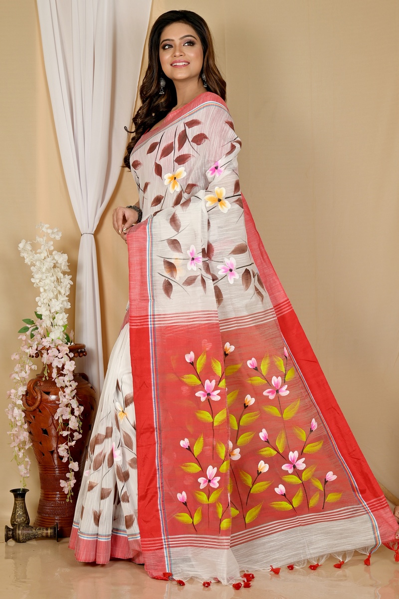 White Red Blended Cotton Slabakato Hand Painted Saree (1676)
