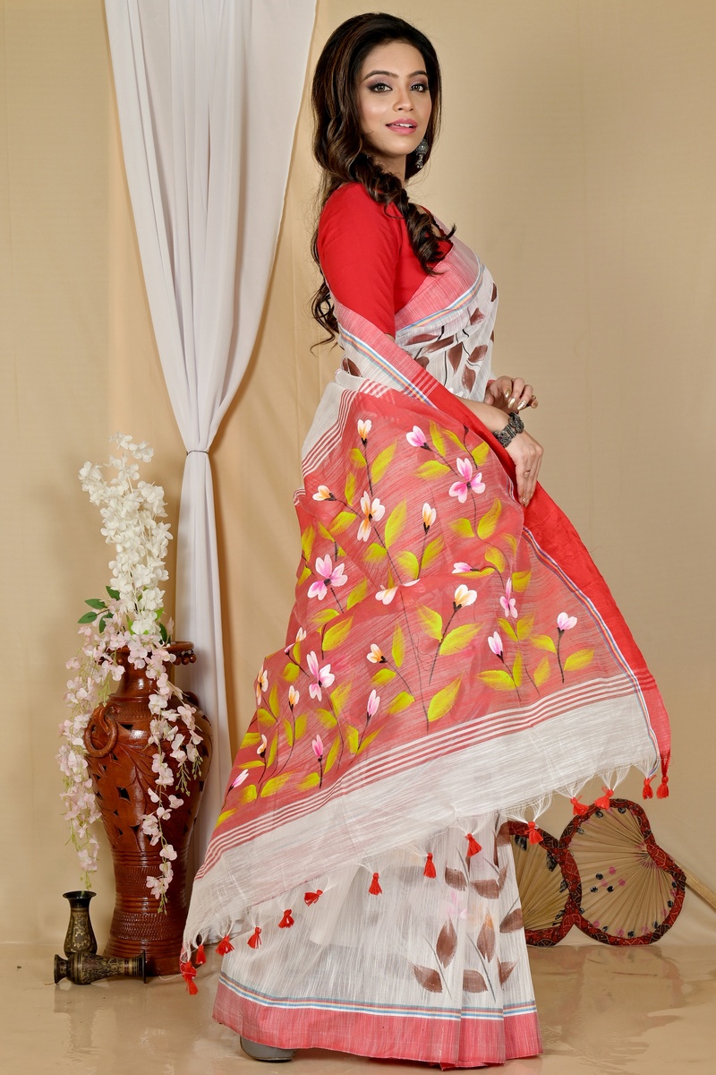 White Red Blended Cotton Slabakato Hand Painted Saree (1676)