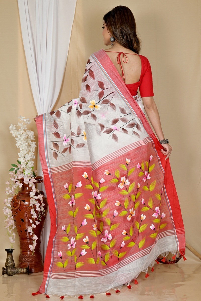 White Red Blended Cotton Slabakato Hand Painted Saree (1676)