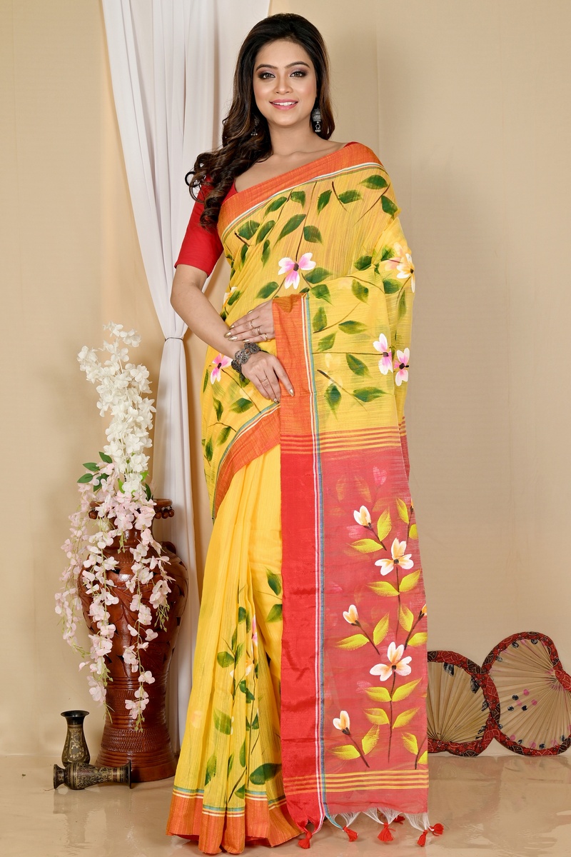 Yellow Red Blended Cotton Slabakato Hand Painted Saree (1677)