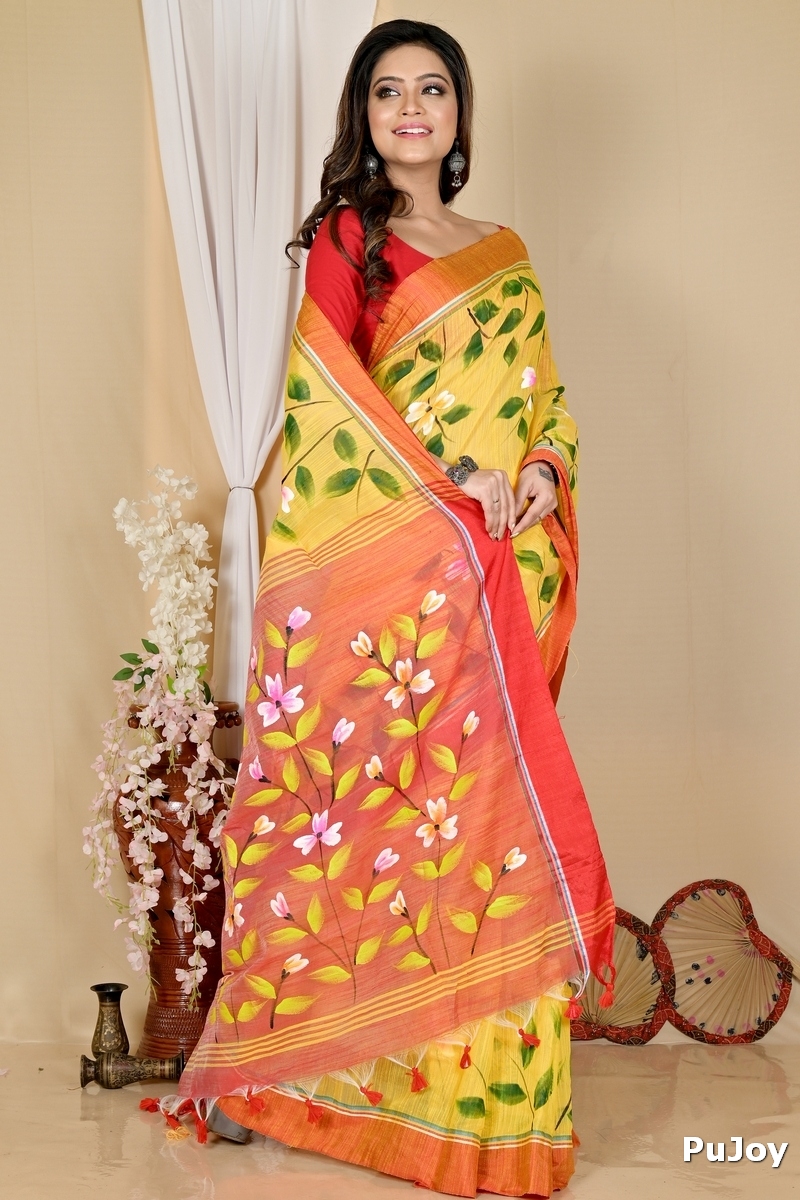 Yellow Red Blended Cotton Slabakato Hand Painted Saree (1677)