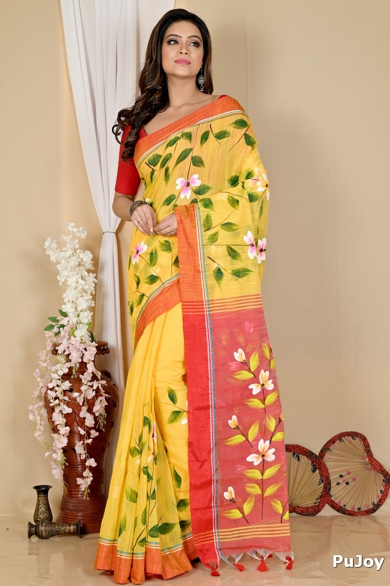 Yellow Red Blended Cotton Slabakato Hand Painted Saree (1677)
