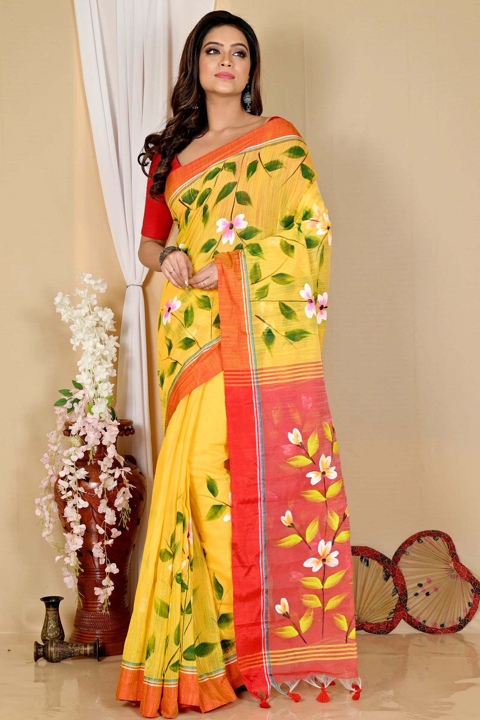 Yellow Red Blended Cotton Slabakato Hand Painted Saree (1677)