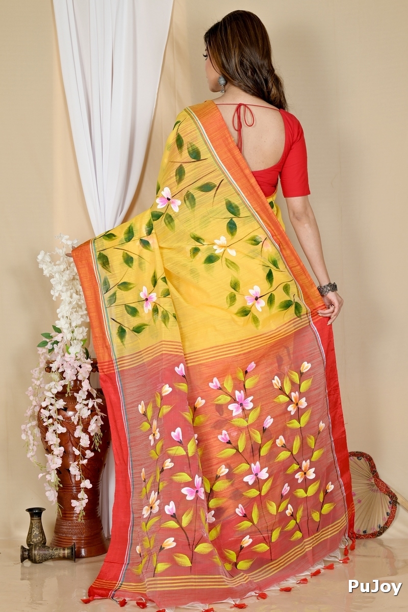 Yellow Red Blended Cotton Slabakato Hand Painted Saree (1677)