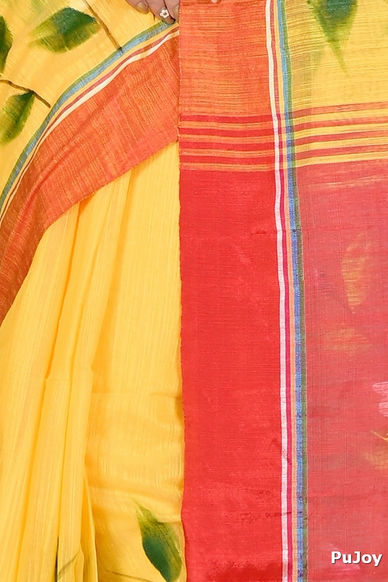 Yellow Red Blended Cotton Slabakato Hand Painted Saree (1677)