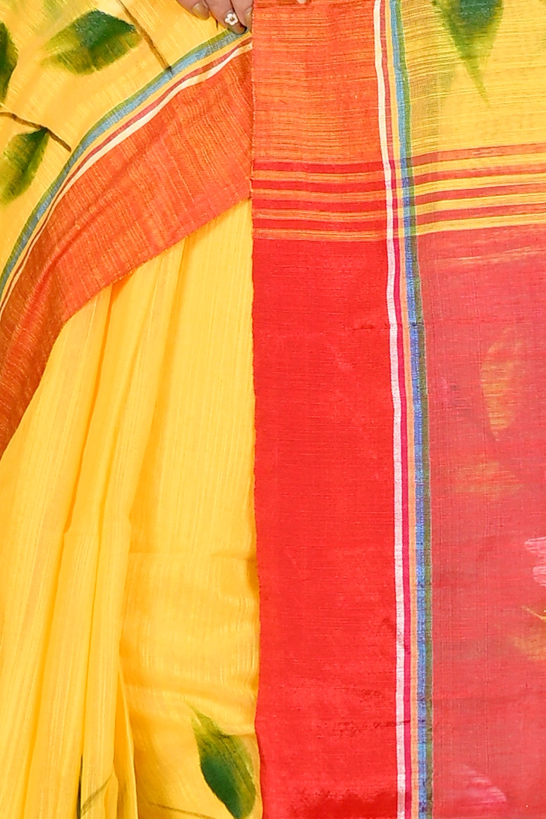 Yellow Red Blended Cotton Slabakato Hand Painted Saree (1677)