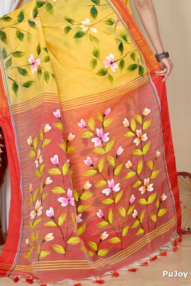 Yellow Red Blended Cotton Slabakato Hand Painted Saree (1677)